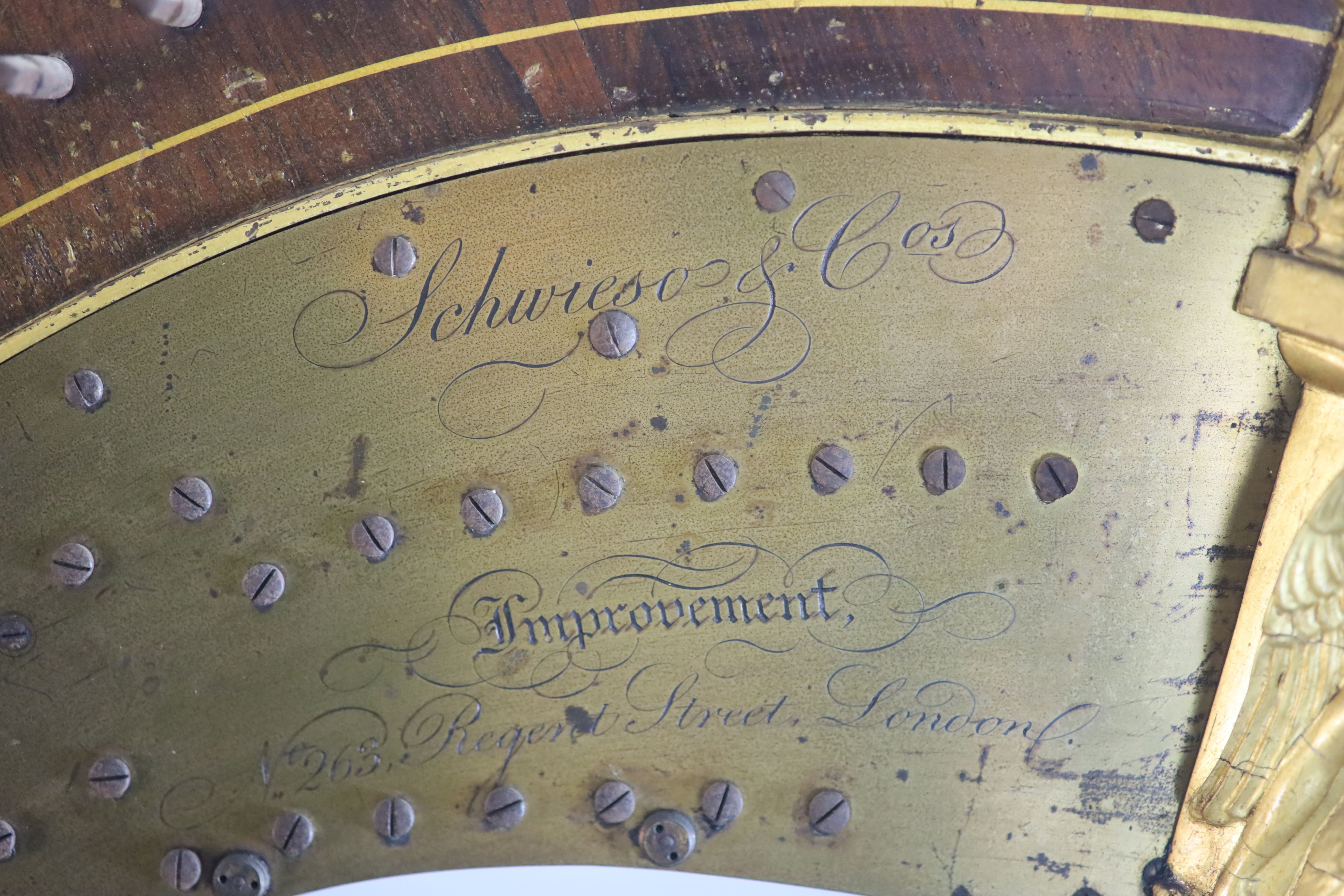 A mid 19th century J.Schwieso giltwood, satinwood and rosewood concert harp, W.2ft 9in. H.5ft 7in.